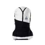 Backpack with white top and black lower section, viewed from behind, with chest strap and side pockets.