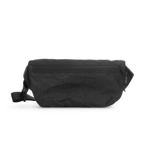 Black waist bag (fanny pack) with a zippered front pocket and adjustable strap, shown from the side.