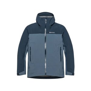 Blue and navy Montane outdoor jacket with full-length front zipper, two zip pockets, and an adjustable hood.