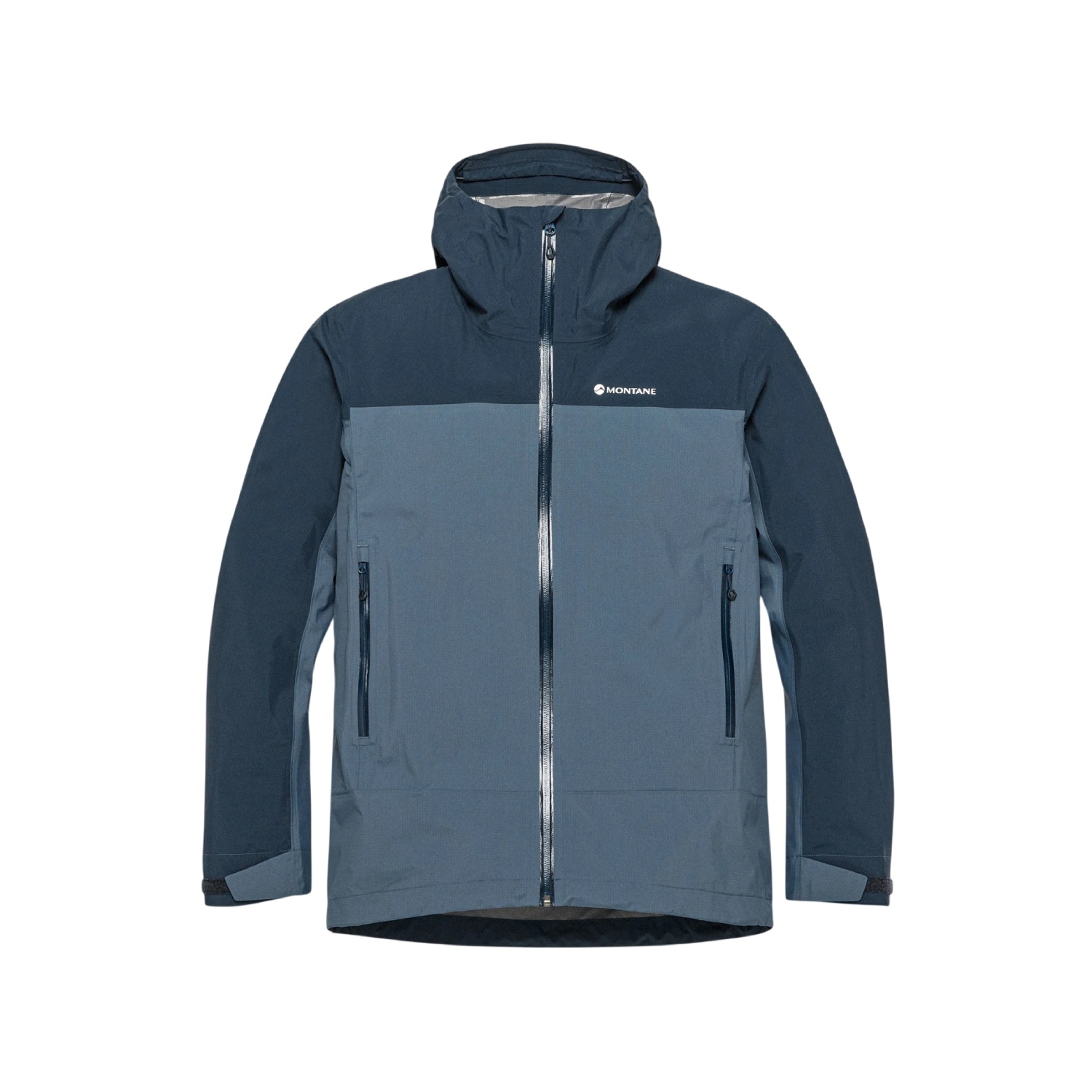 Montane Mens Norste Lite Jacket Eclipse Blue 01 Blue and navy Montane outdoor jacket with full-length front zipper, two zip pockets, and an adjustable hood.