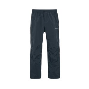 Dark blue Montane hiking pants, front view with drawstring waistband and zip pockets on the sides, logo on the thigh.