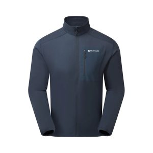 Dark navy Montane jacket with full front zip and a left-chest pocket, stand-up collar, lightweight outer layer.