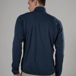 Montane Mens Zepher Jacket Eclipse Blue 03 Back view of a man wearing a navy blue lightweight jacket with a standing collar against a neutral gray background.