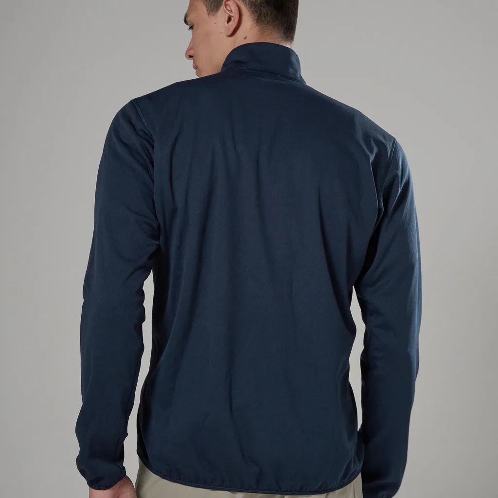 Montane Mens Zepher Jacket Eclipse Blue 03 Back view of a man wearing a navy blue lightweight jacket with a standing collar against a neutral gray background.