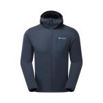 Montane Mens Zepter Hooded Fleece Jacket Eclipse Blue 01 Dark blue Montane jacket with a fleece-lined hood, full-length zipper, and chest logo pocket.