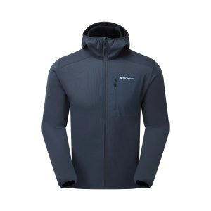 Dark blue Montane jacket with a fleece-lined hood, full-length zipper, and chest logo pocket.