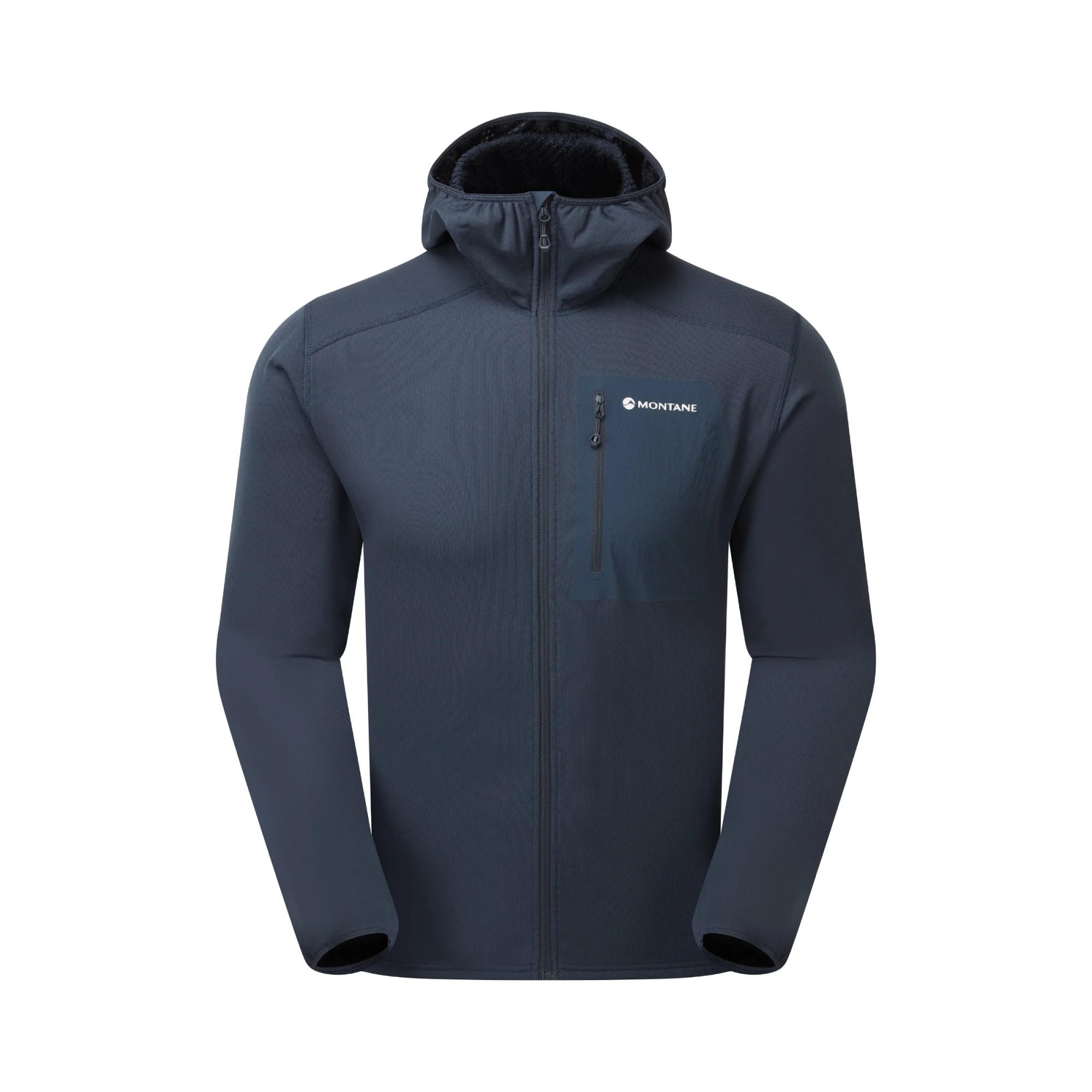 Montane Mens Zepter Hooded Fleece Jacket Eclipse Blue 01 Dark blue Montane jacket with a fleece-lined hood, full-length zipper, and chest logo pocket.