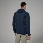 Montane Mens Zepter Hooded Fleece Jacket Eclipse Blue 03 Back view of a man wearing a navy hooded jacket and khaki shorts against a gray studio backdrop.