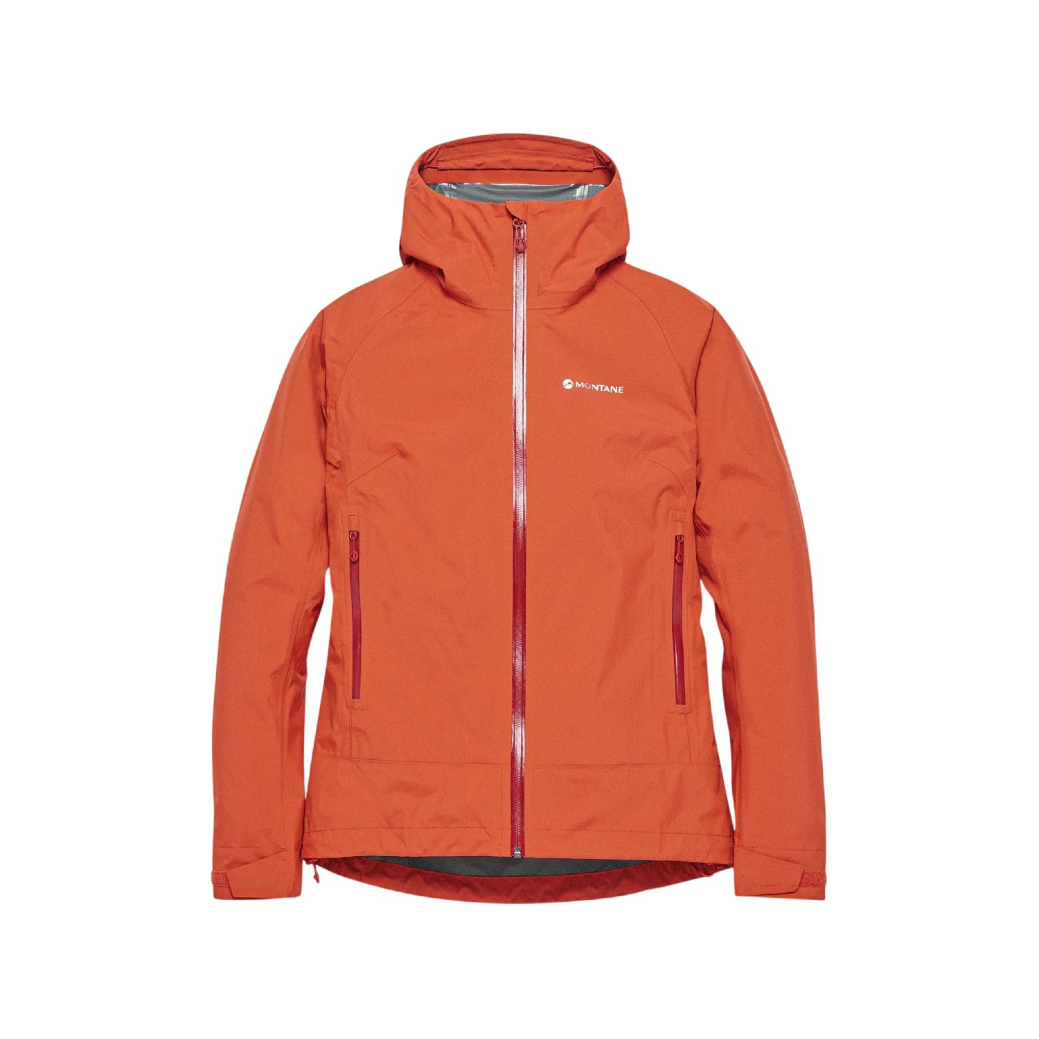 Montane Womens Norste Lite Jacket Lava 01 Orange Montane jacket with full-length zipper, two zippered hand pockets, and a high collar.