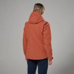 Montane Womens Norste Lite Jacket Lava 02 Back view of a person wearing an orange hooded jacket, standing against a gray background.