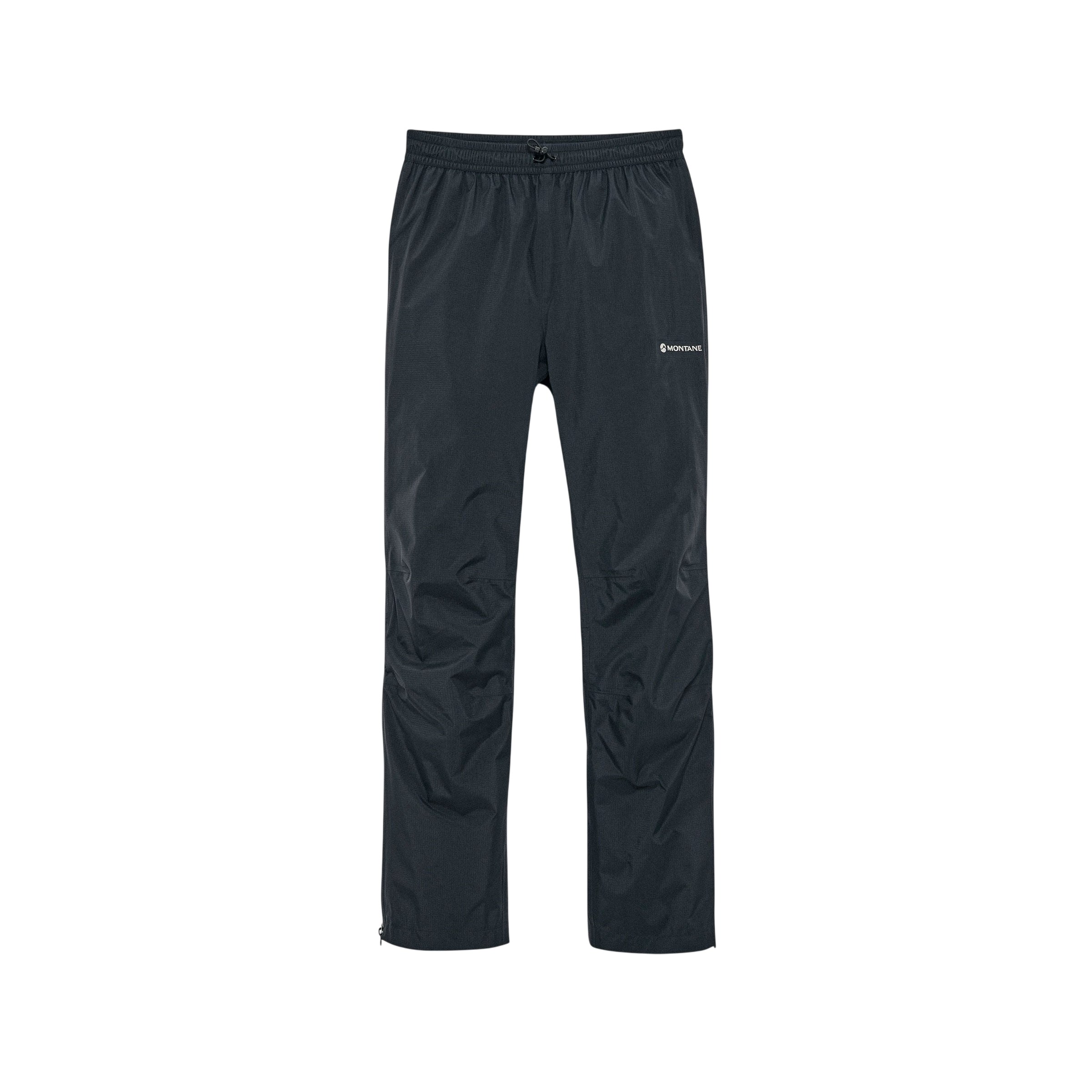 Dark gray Montane outdoor pants with a drawstring waist and logo on the right thigh.