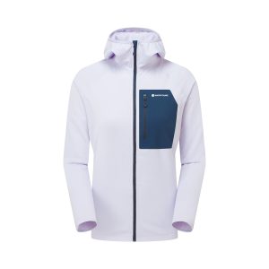 Front view of a light lavender zip-up jacket with a dark blue chest pocket and full-length zipper (Montane).