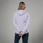Montane Womens Zepher Hoodie Platinum 03 Person seen from behind wearing a light lavender hoodie, arms loosely crossed in front against a gray studio backdrop
